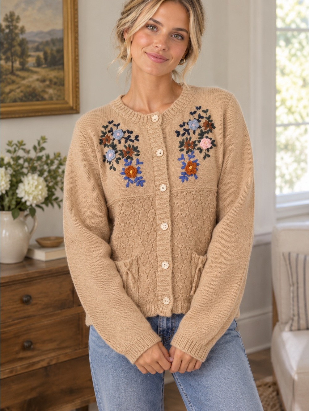 🆕 Oat - Embroidered Floral Knit Cardigan